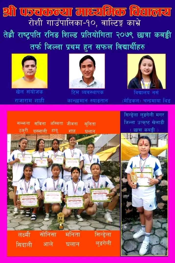 १३ औं राष्ट्रपति रनिङशिल्ड प्रतियोगिता २०७९ मा छात्रा कबड्डीतर्फ जिल्ला प्रथम