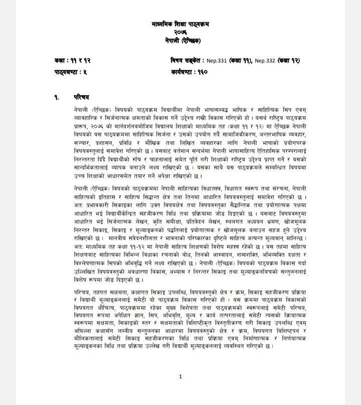 कक्षा ११ र १२ को ऐच्छिक नेपाली पाठ्यक्रम